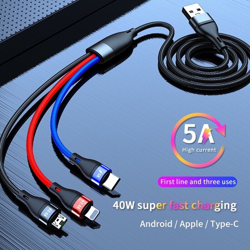 3 in 1 Nylon Braided Multi Charging Cable