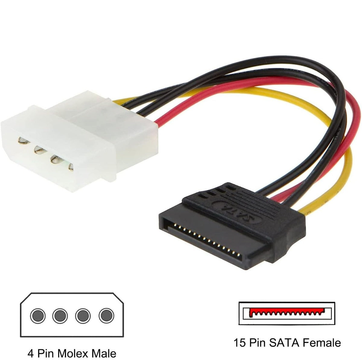 6" 4-Pin Molex Male To 15-Pin SATA Female Power Cable