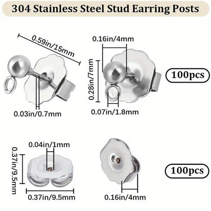 100pcs Stainless Steel Stud Earring Findings With Loop