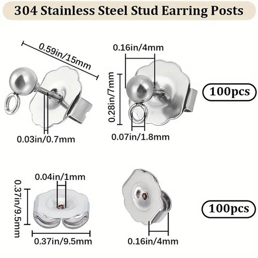 100pcs Stainless Steel Stud Earring Findings With Loop