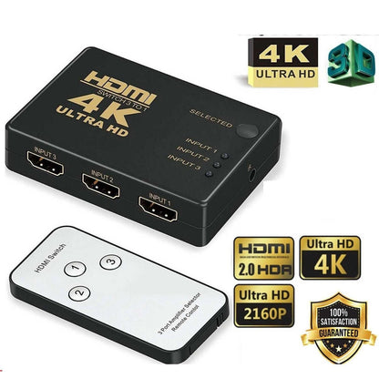 3-Port HDTV Switch Splitter Box with IR Remote, 3 In 1 Out