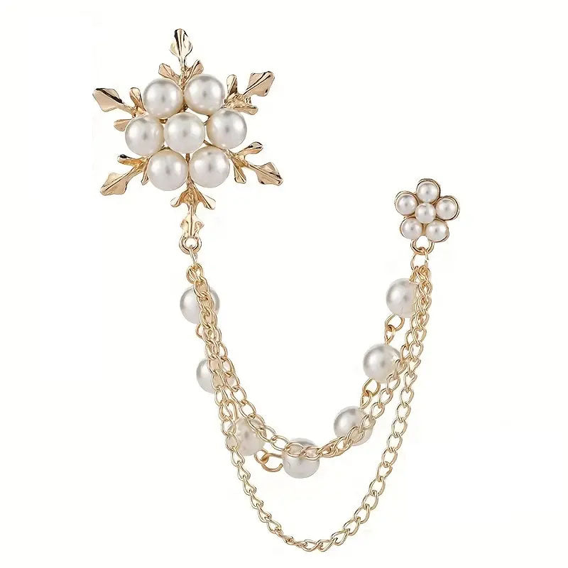 Elegant Imitation Pearl Snowflake Tassel Brooch Pin