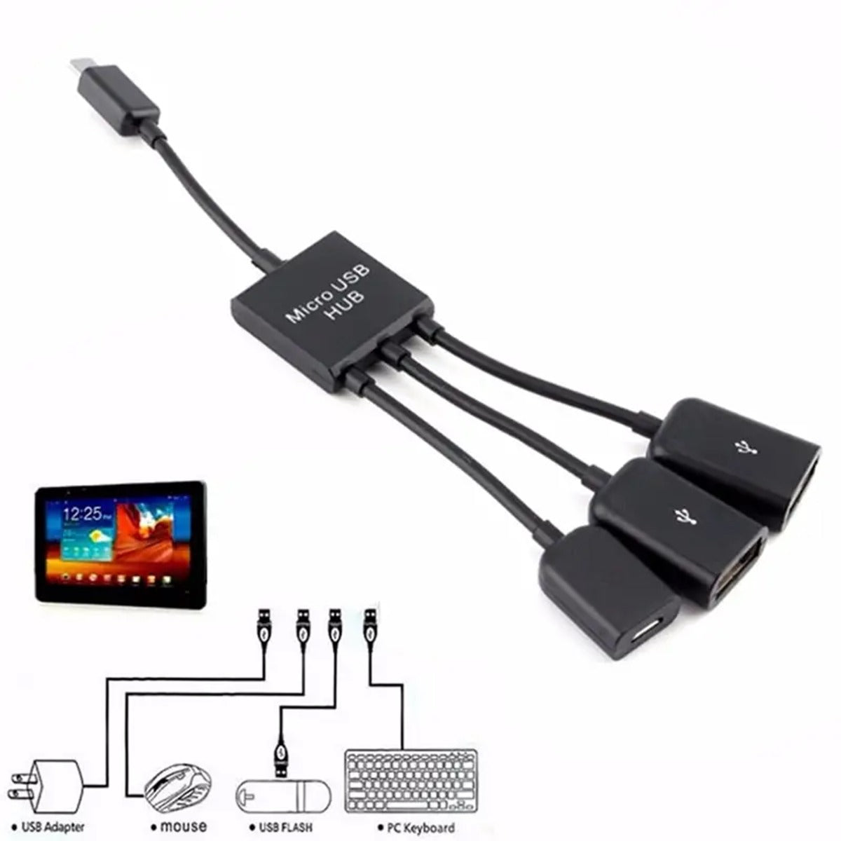 3 In 1 Micro USB OTG USB Hub Adapter Cable