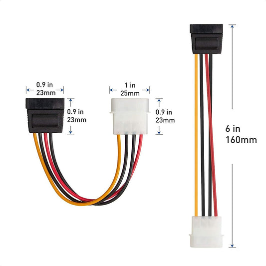 6" 4-Pin Molex Male To 15-Pin SATA Female Power Cable