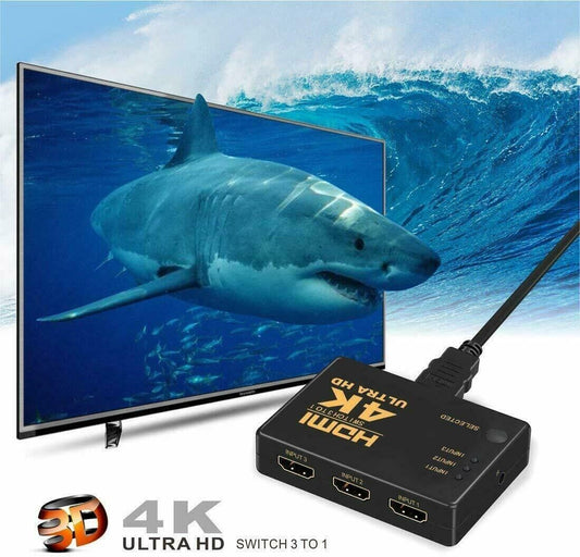 3-Port HDTV Switch Splitter Box with IR Remote, 3 In 1 Out