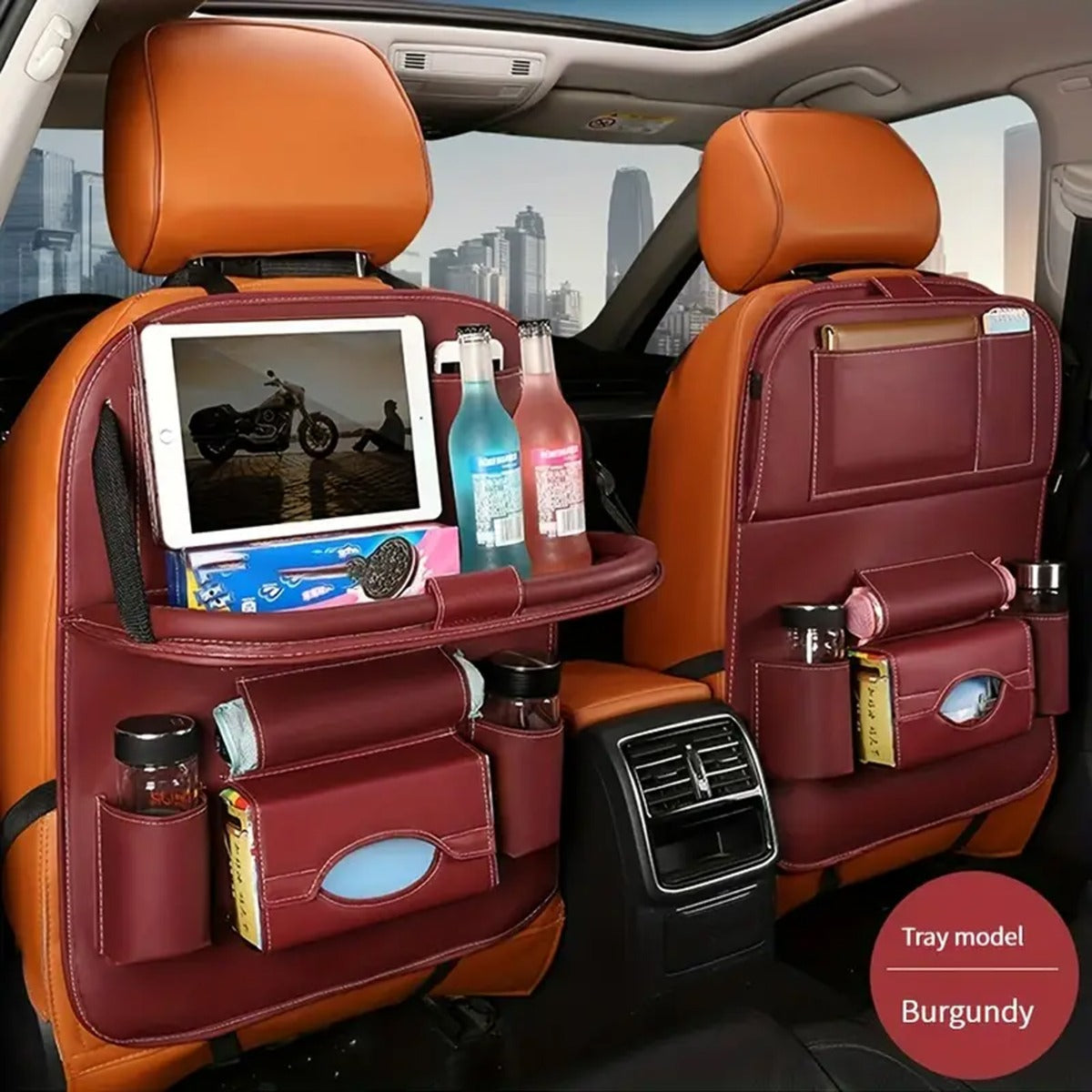 Upgrade Your Car With This Luxury Leather Storage Bag And Tray - Perfect For Kids' Snacks And Toys WINE RED