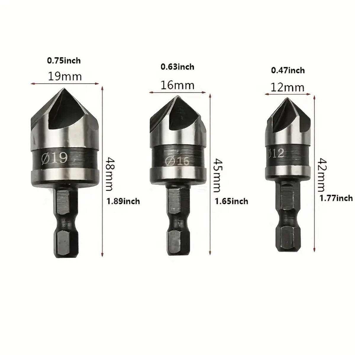 3pcs 1/4 INCHES Hex 12/16/19mm Countersink