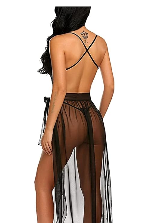 V-neck Wave Trim Teddy Lingerie Jump Bodysuit Back Hollowed-out Women