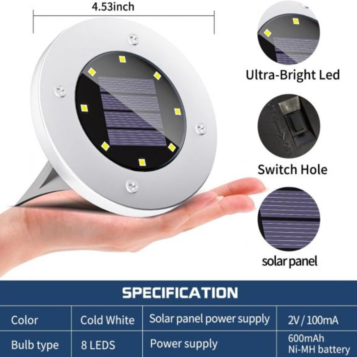 4Pcs LED Solar Powered In-Ground Lights - cool white