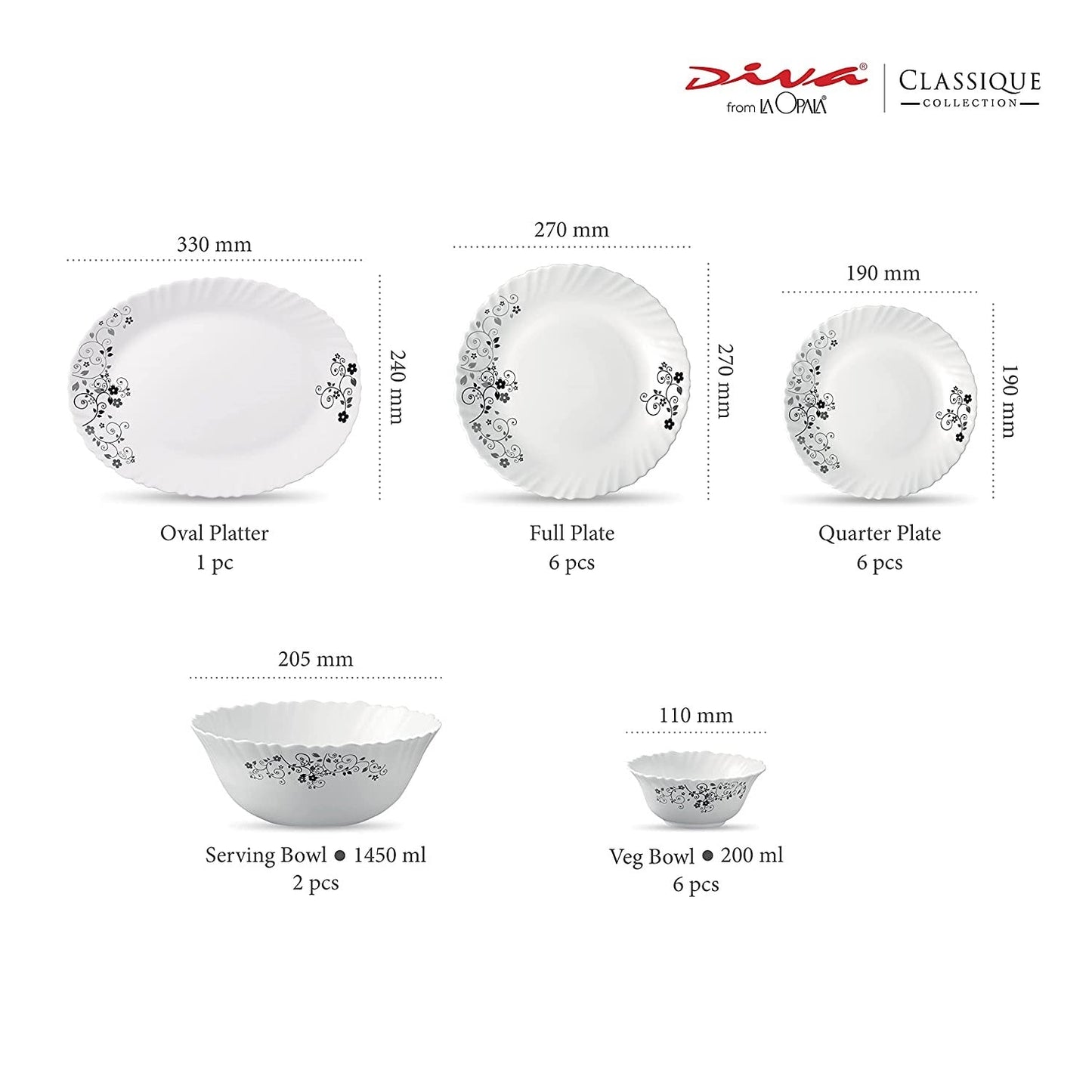 La Opal Glass, Classique Collection, Glass Dinner Set 21 pcs-MYSTRIO BLACK