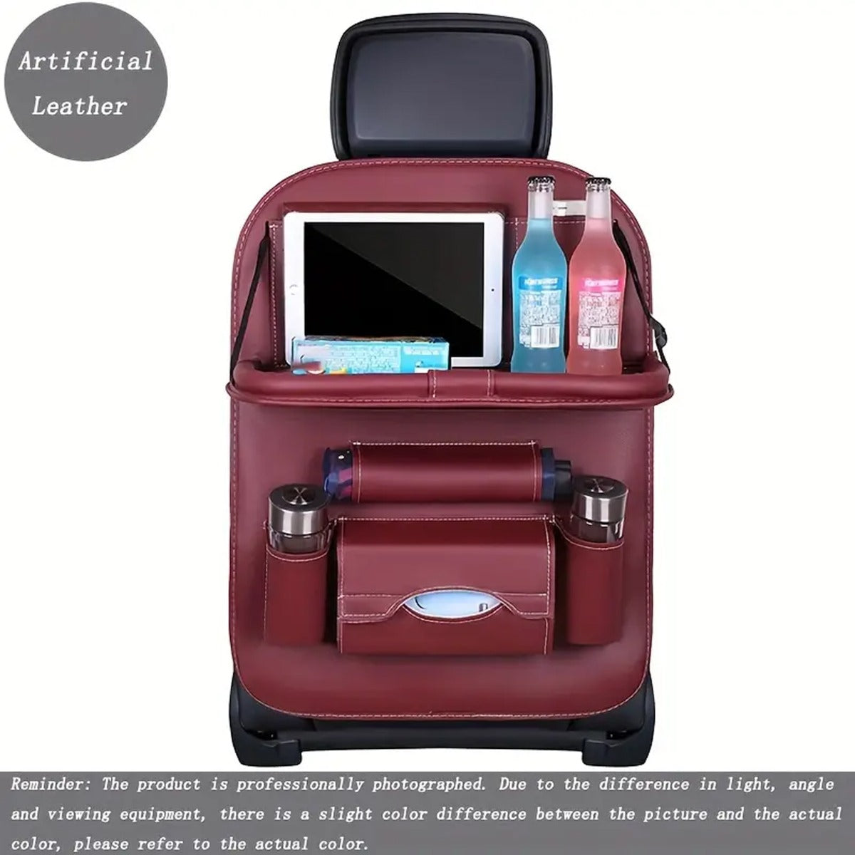 Upgrade Your Car With This Luxury Leather Storage Bag And Tray - Perfect For Kids' Snacks And Toys WINE RED