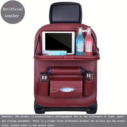 Upgrade Your Car With This Luxury Leather Storage Bag And Tray - Perfect For Kids' Snacks And Toys WINE RED
