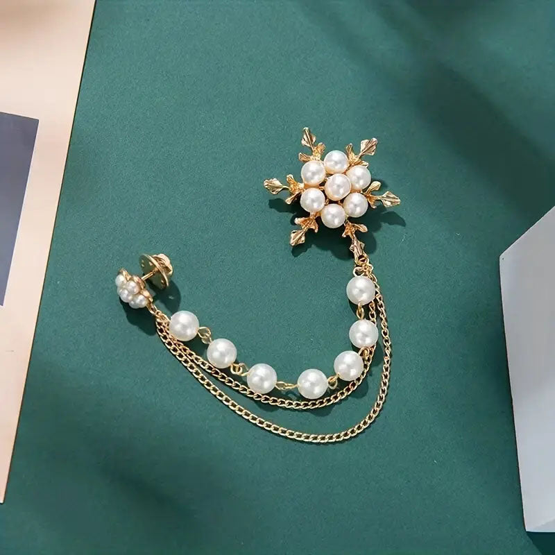 Elegant Imitation Pearl Snowflake Tassel Brooch Pin