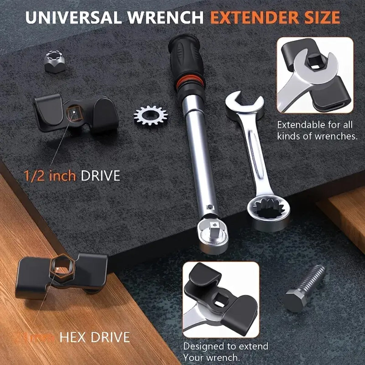 Universal Automotive Wrench Extender Adaptor with Hex Drive