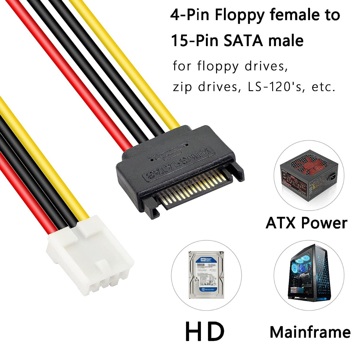 4 Pin Floppy Drive to 15 Pin SATA Male Power Cable