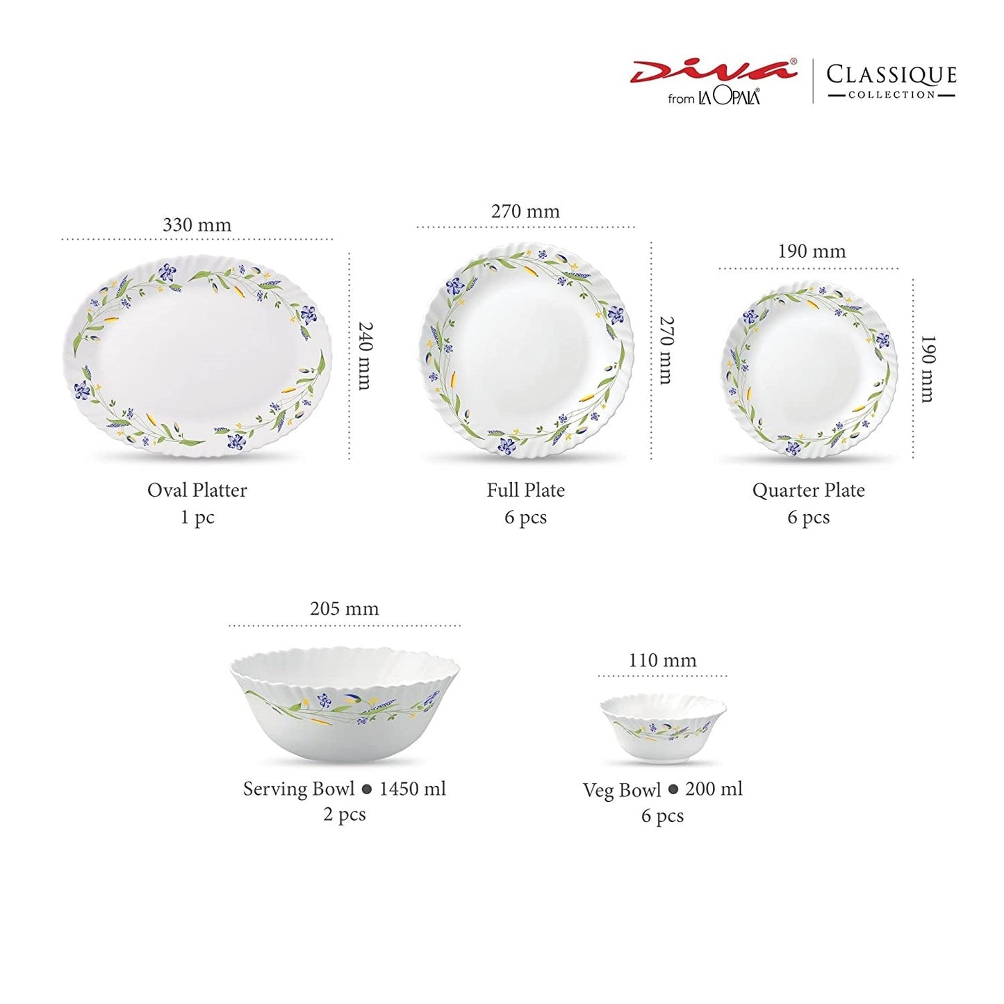 La Opal Glass, Classique Collection, Glass Dinner Set 21 pcs-ASTER BLUE