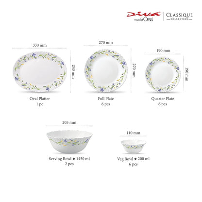 La Opal Glass, Classique Collection, Glass Dinner Set 21 pcs-ASTER BLUE