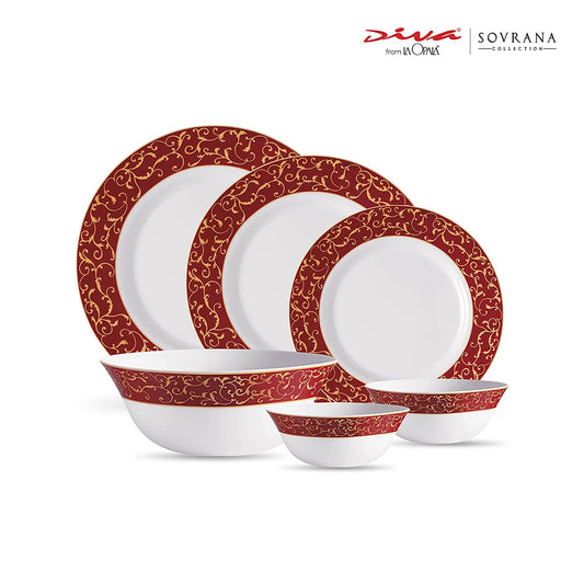 La Opal Glass Diva, Sovrana Collection, Opal Glass Dinner Set 35 Pieces-ANASSA RED