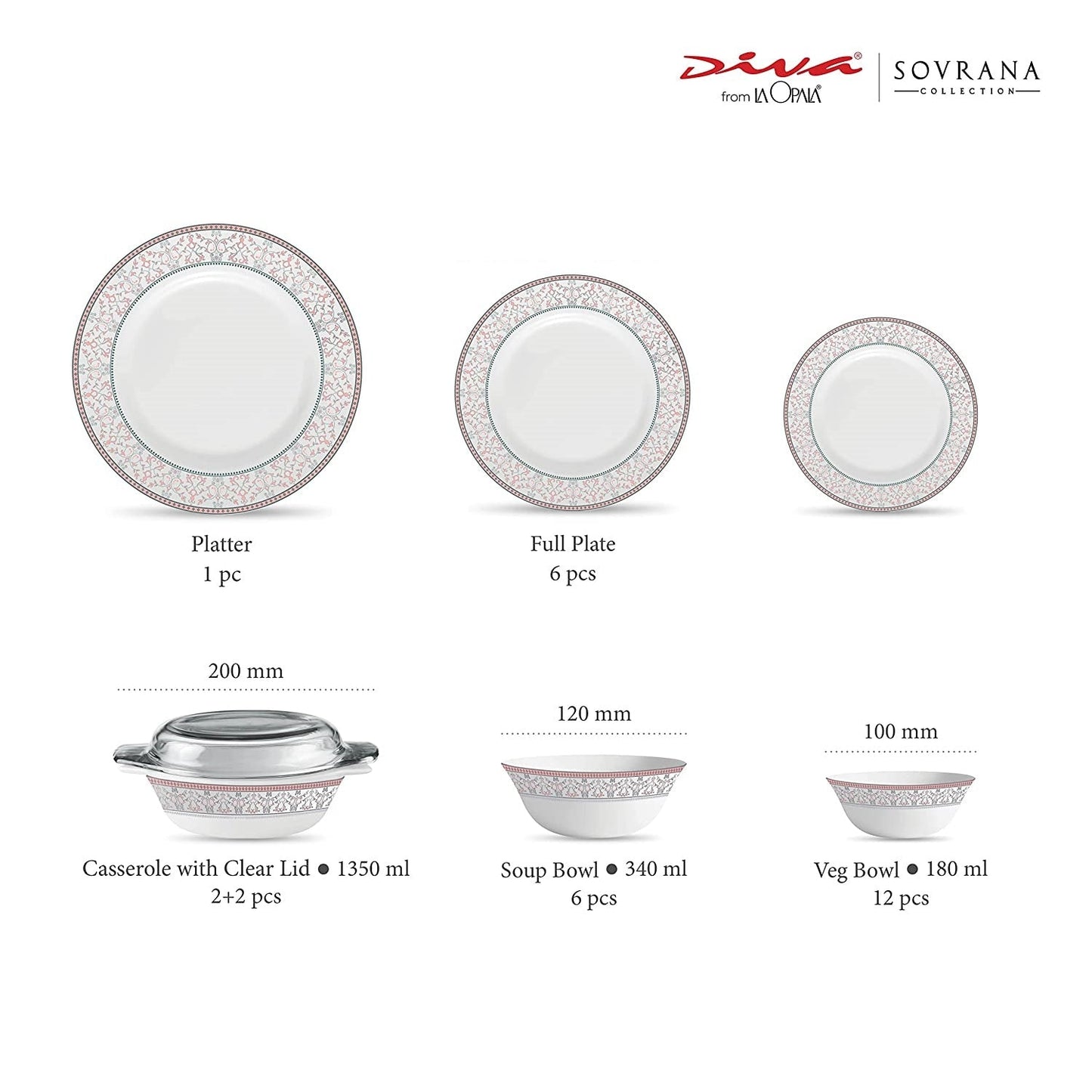 La Opal Glass Diva, Sovrana Collection, Opal Glass Dinner Set 35 Pieces-MOROCCAN PINK