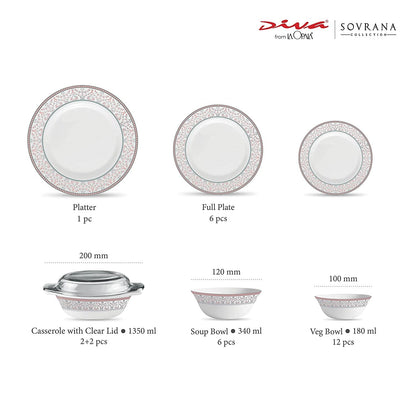 La Opal Glass Diva, Sovrana Collection, Opal Glass Dinner Set 35 Pieces-MOROCCAN PINK