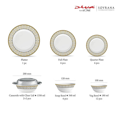 La Opal Glass Diva, Sovrana Collection, Opal Glass Dinner Set 35 Pieces-ANASSA BLUE