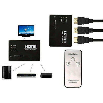 3-Port HDTV Switch Splitter Box with IR Remote, 3 In 1 Out