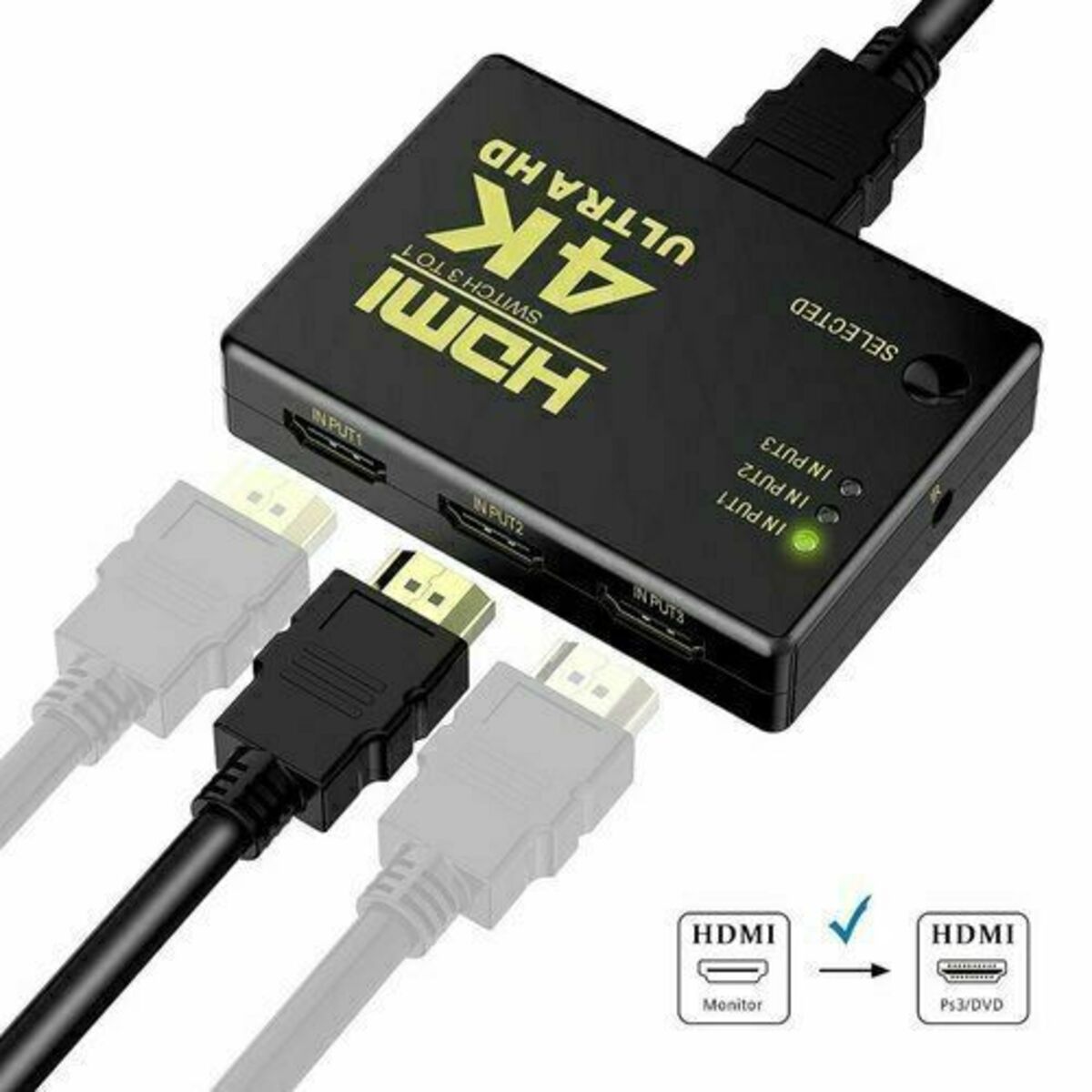 3-Port HDTV Switch with IR Remote, 4K
