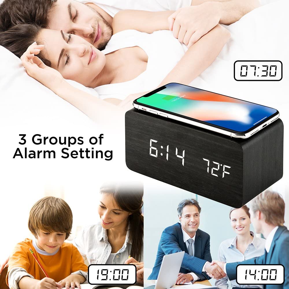 Wooden Digital Clock With In-build Wireless Charger