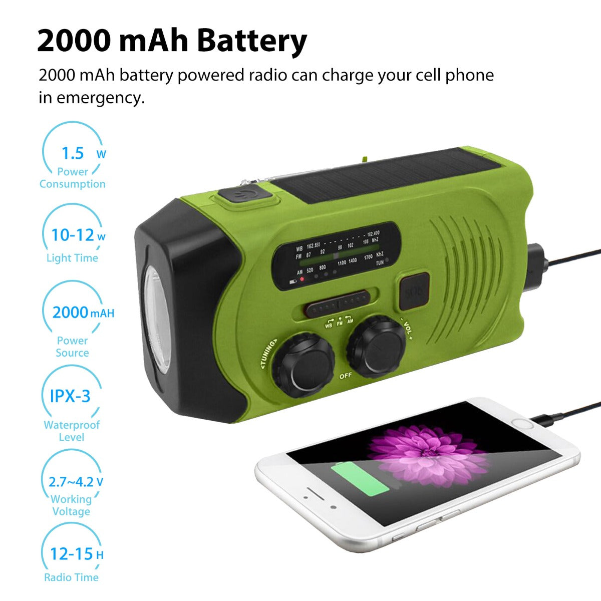 2000mAh Hand Crank Flashlight Radio