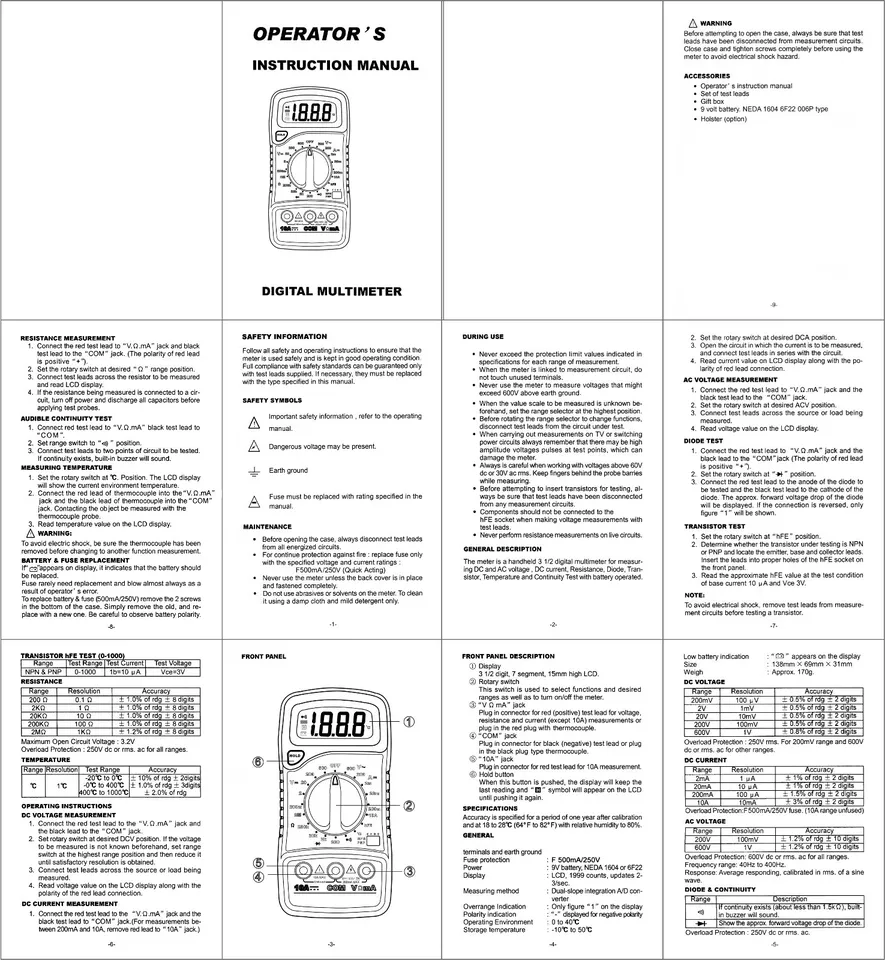 MAS830L Digital Voltmeter Ohmmeter Ammeter Multimeter