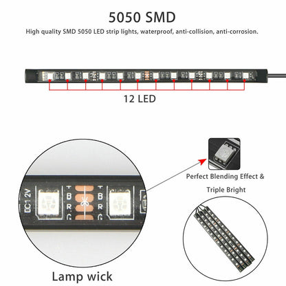 4Pcs 12LED RGB Car Interior 12V LED Strip Lights with Remote