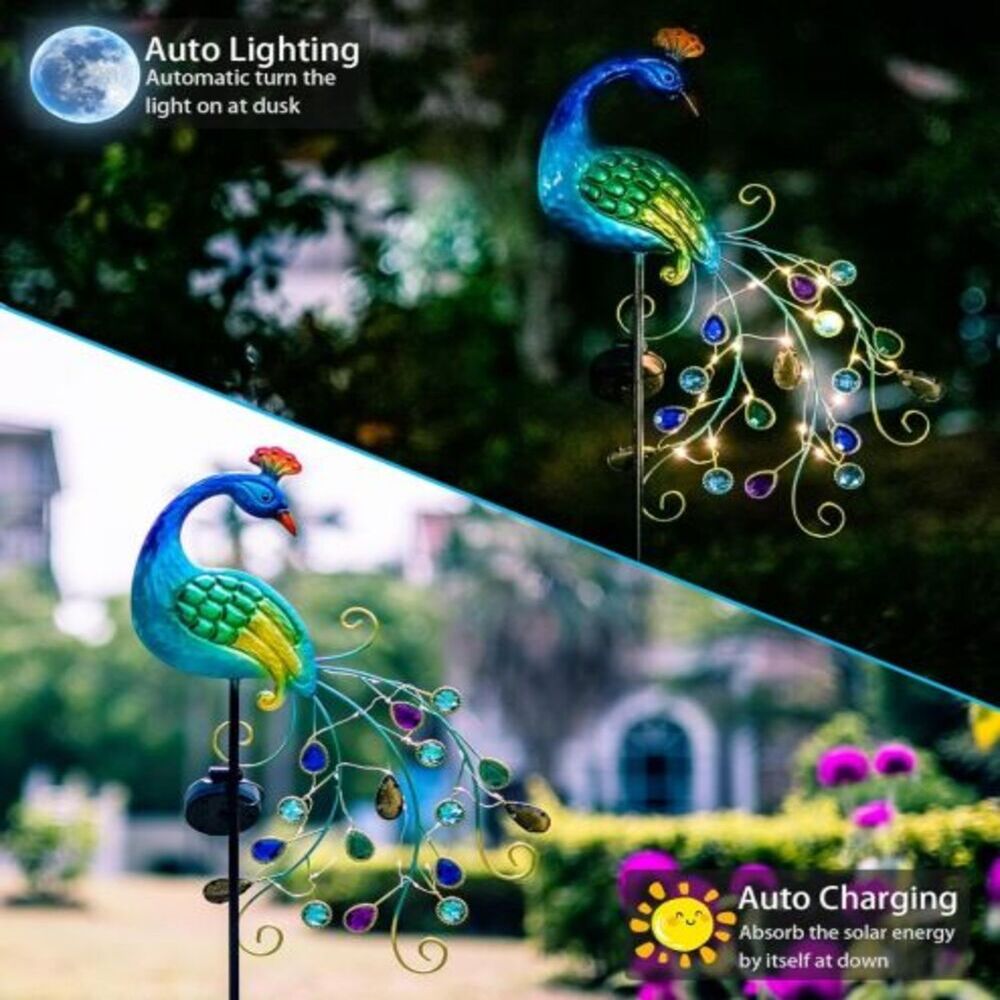 Waterproof Solar Garden Decor Stake Lights Beautiful Metal Peacock Design