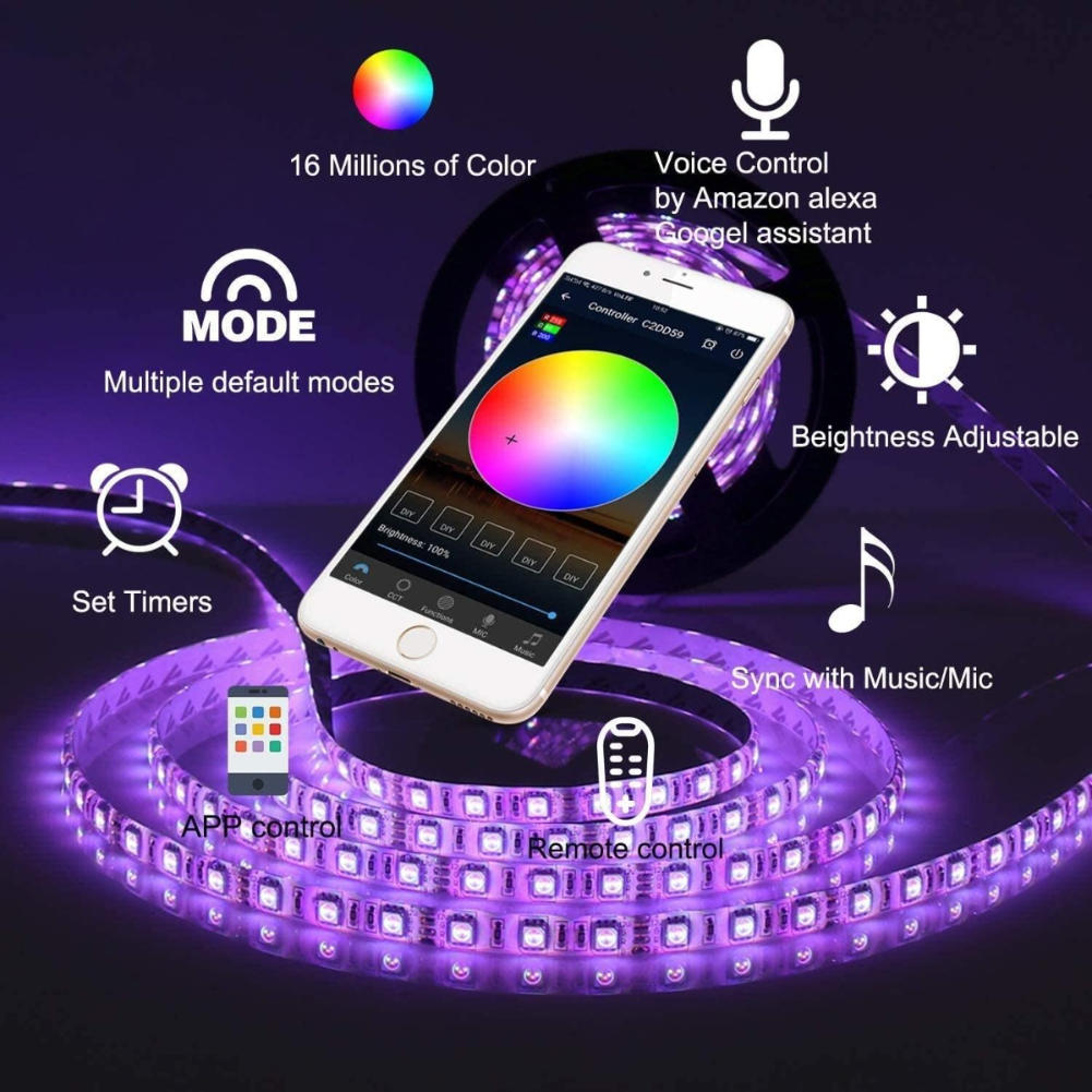 32.8ft Smart WiFi RGB LED Strip Lights