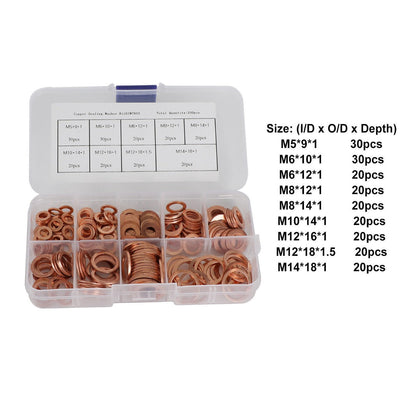 200pcs Copper Washer Gasket Nut Bolt Set