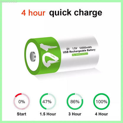 USB D Lithium ion Rechargeable Battery, High Capacity 1.5V 12000mWh Rechargeable D Battery, 4 H Fast Charge