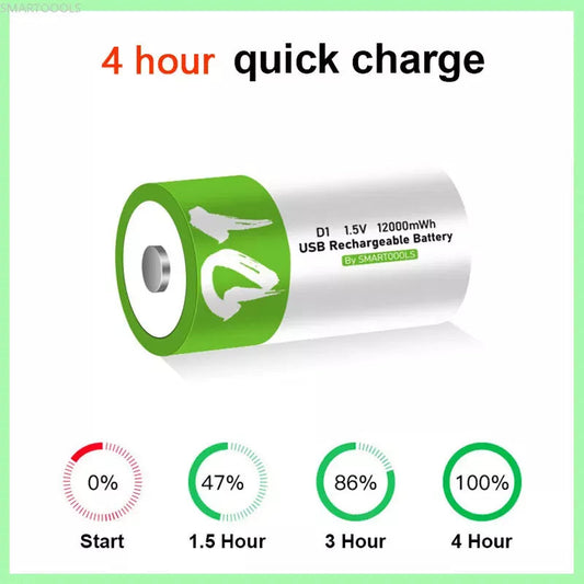 USB D Lithium ion Rechargeable Battery, High Capacity 1.5V 12000mWh Rechargeable D Battery, 4 H Fast Charge