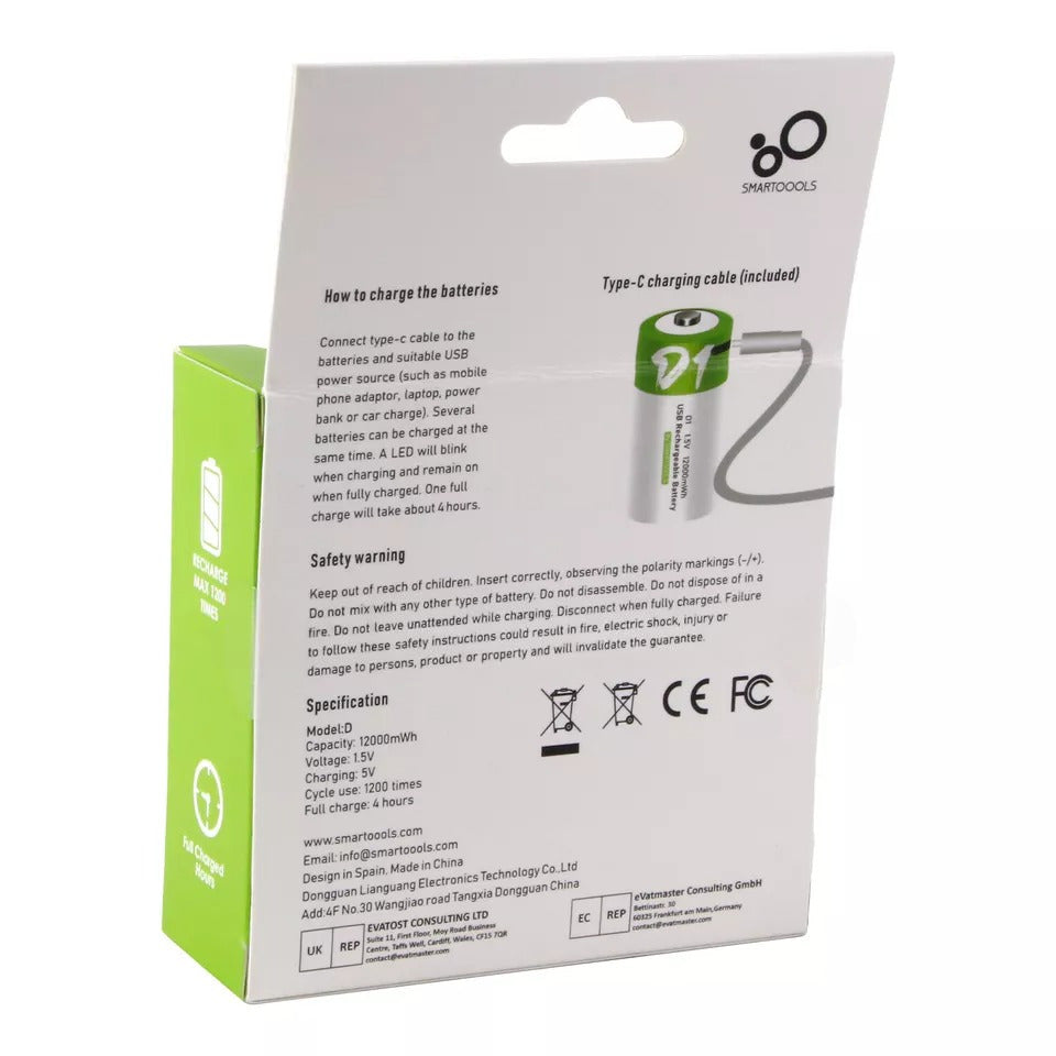 USB D Lithium ion Rechargeable Battery, High Capacity 1.5V 12000mWh Rechargeable D Battery, 4 H Fast Charge