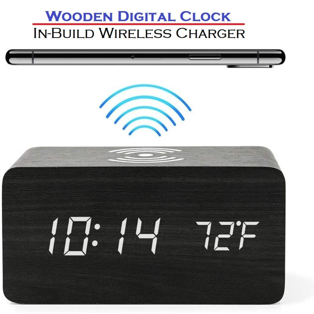 Wooden Digital Clock With In-build Wireless Charger