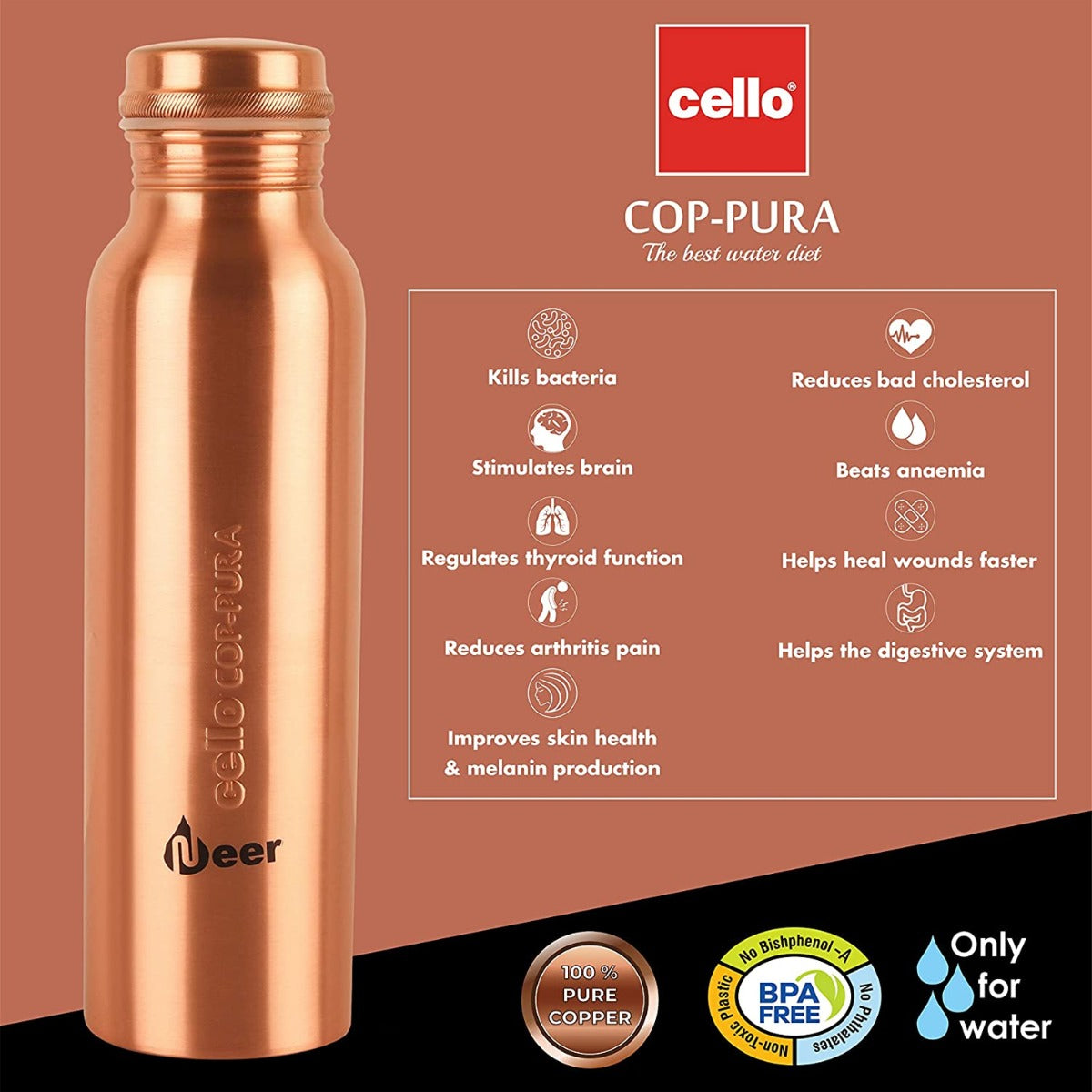 Cop-Pura Neer Copper Water Bottle