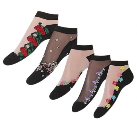 5 Flower Print Short Socks Breathable Lightweight Mesh Women's Stockings Hosiery